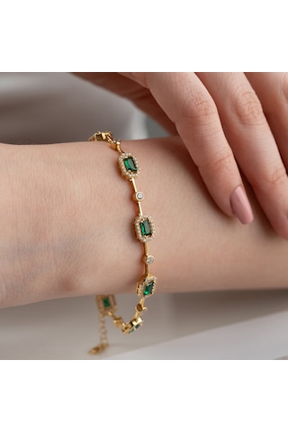 Kadın 925 Ayar Gümüş Zümrüt Taşlı Zarif Bileklik Altın