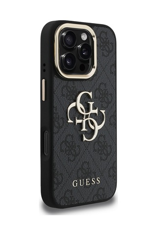 Apple Uyumlu iPhone 16 Pro Max Kılıf Guess Lisanslı Metal 4g Ve Yazı Logolu Kamera Standlı Kapak Siyah