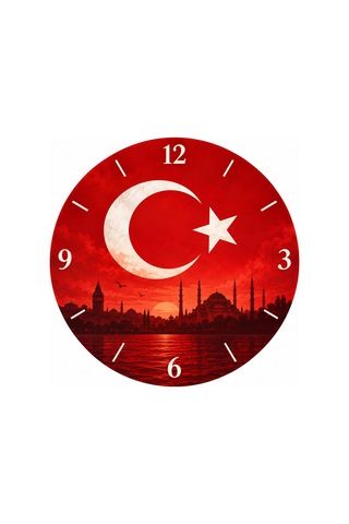 Türk Bayraklı Ay Yıldız Desenli 45 Cm Ahşap Sessiz Akar Mekanizmalı Uv Baskılı Dekoratif Duvar Saati Hediyelik 1087 Çok Renkli
