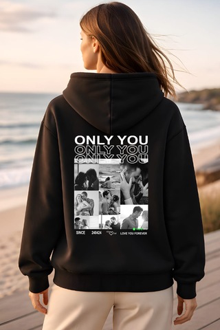 Young Fit Kişiye Özel Ön Ya Da Sırt Baskılı Kapüşomlu Hoodie Unisex Oversize Premium 3 İplik Sweatshirt Black