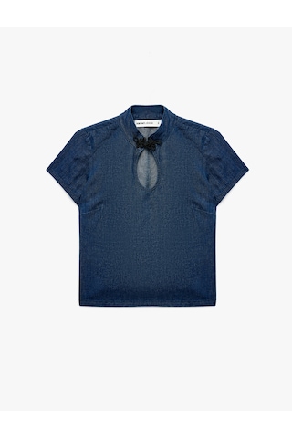 Koton Damla Pencere Detaylı Süslü Düğmeli Kapama Dik Yaka Kısa Kollu Denim Bluz Koyu İndigo 7wal30012md Dark Indigo