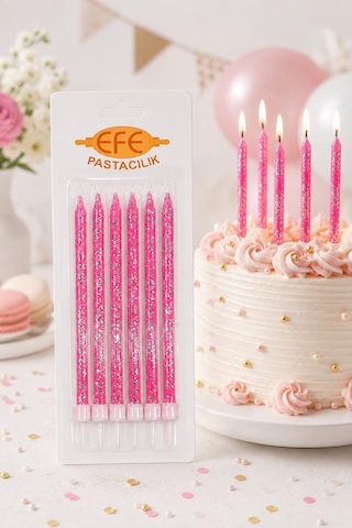 Pembe Gümüş Simli Uzun Pasta Mumu 17 Cm Karışık