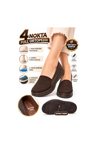 Modafocus Kahverengi Kadın Lastik Bağcıklı 4 Nokta Ortopedik Taşlı Günlük Ayakkabı Babet Kahverengi Kahverengi