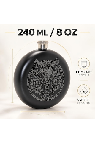 Kurt Desenli Paslanmaz Çelik İçki Matarası 240 Ml 8 Oz Cep Matarası Hunili Kamp Outdoor Erkek Hediye Siyah