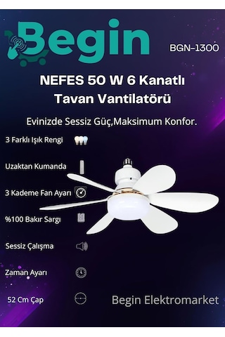 Begin 50w 6 Kanatlı Led Işıklı Tavan Vantilatör Uzaktan Kumandalı
