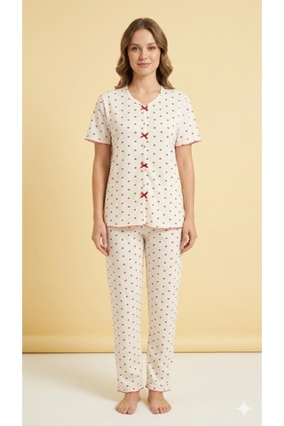 Sleeproom Yazlık Ekru Kırmızı Kalp Desenli Kısa Kol Penye %100 Pamuk Pijama Takım