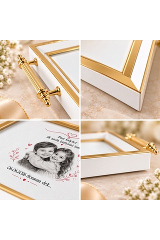 Bk Gift Kişiye Özel Fotoğraflı Beyaz&gold Söz Nişan Tepsisi-2 - 39x23 Cm Çok Renkli