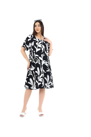 Schık Kadın Viskon Yarım Kol Kare Yaka Elbise Siyah Siyah