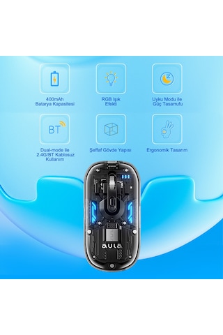 Aula Am210 Dual Mode Bluetooth Ve Kablosuz 1600dpı Rgb Şeffaf Şarjlı Mouse