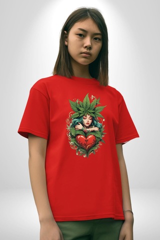Kalp Parmak Kız Yeşillik Mutluluk Pamuklu Bisiklet Yaka Unisex Oversize Boyfriend Dijital Baskılı Kırmızı T-shirt Kırmızı