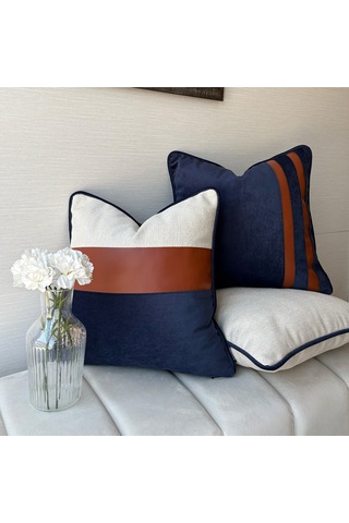 "navy Leather" Deri Şeritli Kırlent Kılıfı Seti Lacivert - Beyaz - Kahverengi