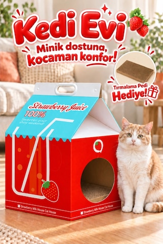 Çilek Desenli Karton Kedi Evi Katlanabilir Süt Kutusu Tasarımı, Tırmalama Pedi Hediyeli Sempatik K