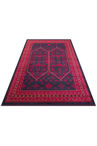 Herat Her 01 Navy Afgan Desenli Viskon Sık Dokuma Kaymaz Tabanlı İnce Makine Halısı