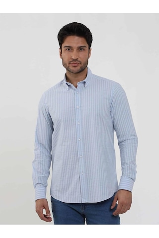 Dufy Mavi Erkek Slim Fit Çizgili Düğmeli Yaka Uzun Kol Gömlek - 104900-mavi Mavi