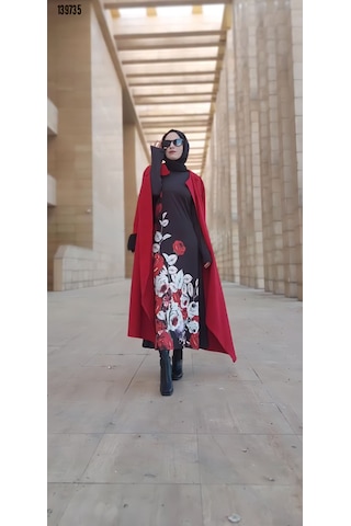 Moda Kadın Tesettür Bisiklet Yaka Çiçekli Uzun Kollu Mikro Midielbise Siyah