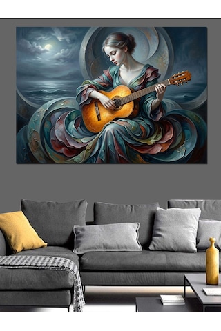 Gitar Çalan Mistik Kadın Portresi Dekoratif Kanvas - Mdf Ahşap Tablo
