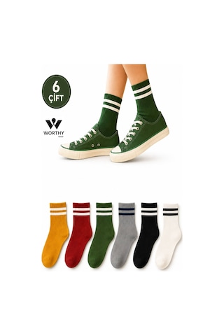 Worthy Socks 6'lı Kadın Çizgili Renkli Kolej Spor Çorap Seti Tenis Stili 6 Çift Çok Renkli