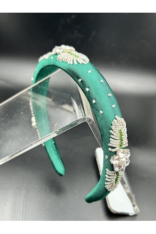 Tasarım El Yapımı El İşlemeli Yeşil Saten Gümüş Nakış İşleme Abiye Kına Nişan Saç Aksesuarı Taç Yeşil