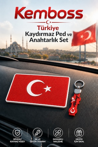 Kemboss Türkiye Kaydırmaz Ped Ve Türkiye Silikon Anahtarlık Seti Araç Torpido Kaymaz Mat Kırmızı