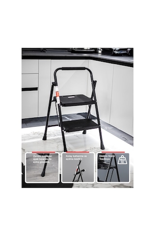 Perilla 51402 Stepla Geniş 2 Basamaklı Katlanır Merdiven Eurotower Siyah 2 Basamaklı