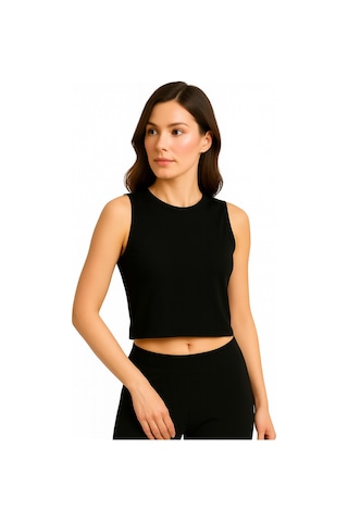 İngegno Body Bisiklet Yaka Sıfır Kol Crop %95 Viskon Ring Örme Kumaş Body Siyah