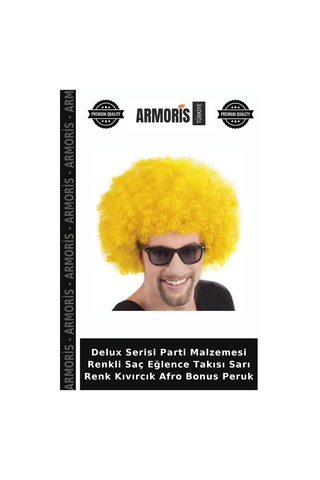 Delux Serisi Parti Malzemesi Renkli Saç Eğlence Takısı Sarı Renk Kıvırcık Afro Bonus Peruk