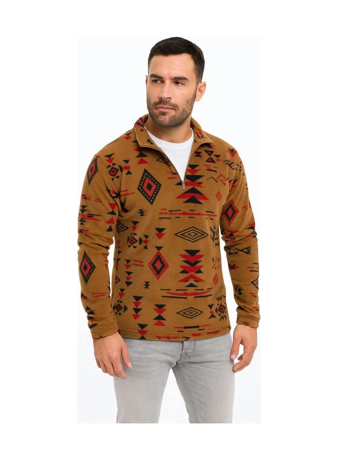 Erkek Yarım Fermuarlı Desenli Polar Sweat Tribal Etnik Desen Yakalı, Uzun Kollu, Oversize Rahat Kalı Kahverengi