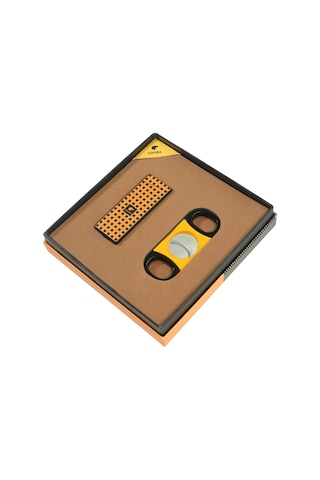 Cohiba Tek Torch Dama Desenli Çakmak Sarı Siyah Kesici İkili Puro Seti Tr9843