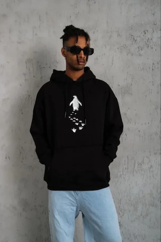 Etiler Collection Erkek Nihilist Penguen Temalı Oversize Kapüşonlu Sweatshirt - Siyah