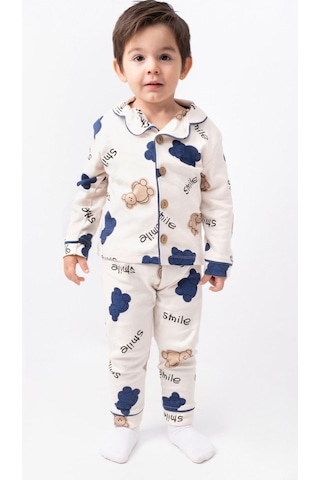 Kruvaze Yaka %100 Pamuk Smile Baskılı Relaxed Mevsimlik Pijama Takımı 4bb2 Beyaz