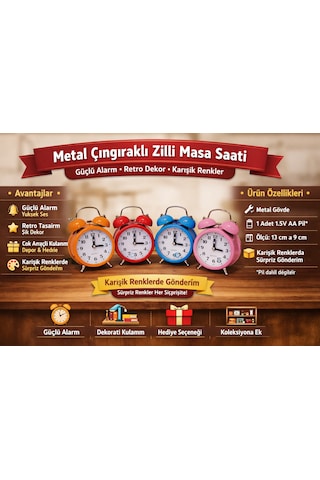 Metal Zilli Masa Saati Güçlü Alarm, Dekoratif Tasarım, Özel Günlerde Hediye Seçeneği Karışık