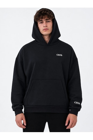 We&me Oversize Geniş Kalıp Baskılı Kapüşonlu Erkek Sweatshirt Siyah