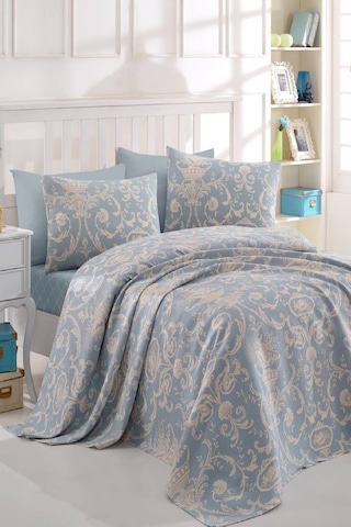 Enlora Home Tuval Doğal Baskılı Pike Çift Kişilik Mavi