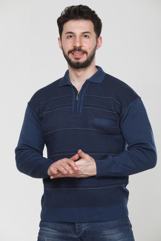 Kzc Tekstil Erkek Baba Orta Yaş Ve Üzeri Triko Örgü Akrilik Kışlık Regular Fit Cepli Fermuarlı Polo Yaka Kazak Mavi