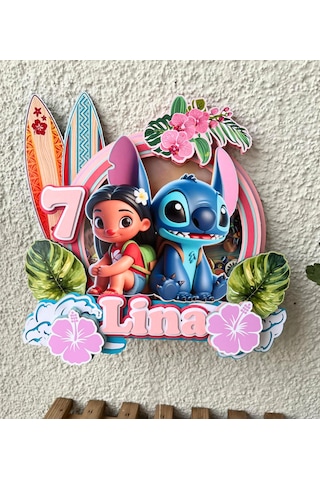 Stitch Temalı İsme Özel Kız Çocuk Doğum Günü Pasta Süsü