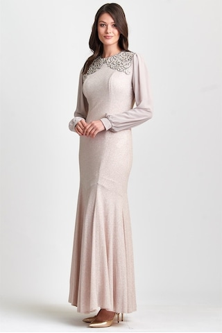 Bej Önü Lazer Işlemeli Abiye Elbise Bej