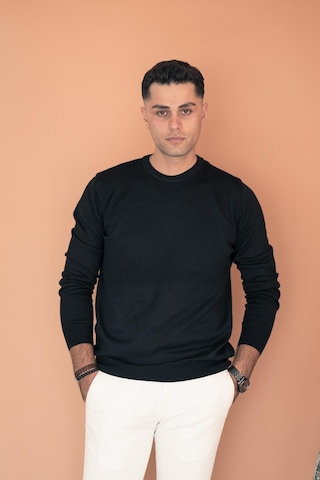 Sıfır Yaka Pamuklu Slimfit Basic Erkek Triko Kazak Siyah