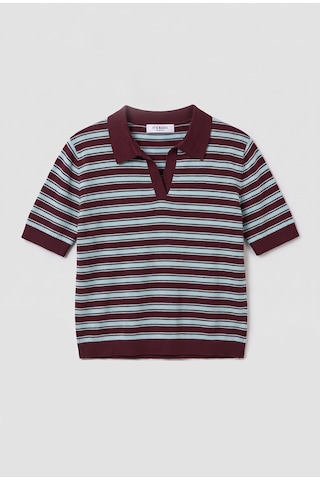 Kadın Bordo Çizgili W6-35 Oversize Polo Yaka Triko