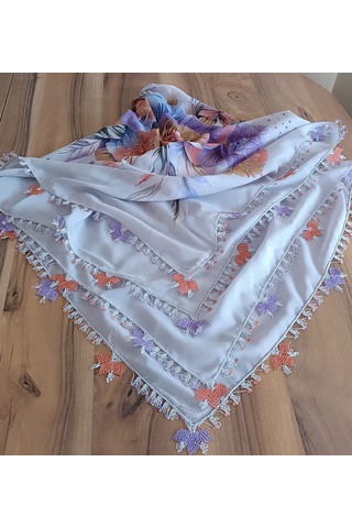 Çeyizlik Özel Tasarım İğne Oyası Yemeni - Lila & Kiremit Yaprak Motifli Eşarp Beyaz - Lila