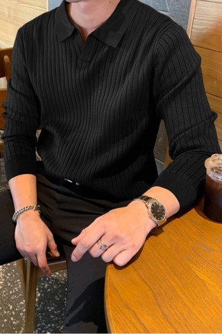 Cool Tarz Erkek Polo Yaka Triko Kazak Slim Fit Fitilli Siyah
