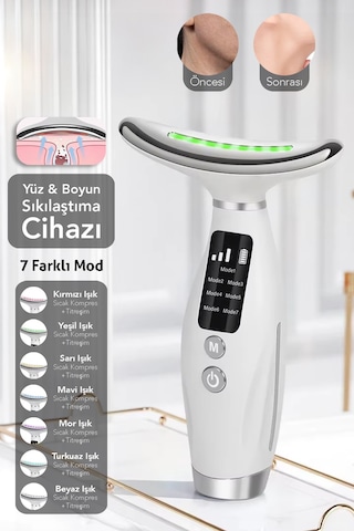 Boyun Ve Yüz Masaj Cihazı - 7 Modlu Led Işıklı Titreşimli Gıdık Sarkma Kırışıklık Güzellik Cihazı Beyaz