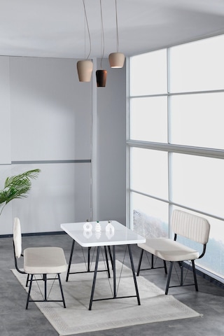 Hayat 70x110 Beyaz Mutfak Masası, Mutfak Masası Takımı, Yemek Masası, 2 Benchli - Krem Açık Gri