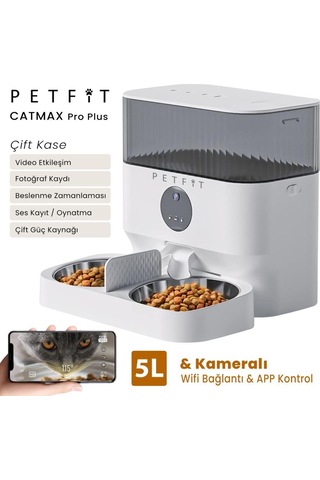 Petfit Aqua Flow Wifi Akıllı Bataryalı Otomatik Kedi Köpek Su Pınarı Çeşmesi Şelalesi+petfit Catmax Pro Plus 5l Wi-fi Kameralı Akıllı Otomatik Mama Kabı Besleme Ünitesi Bundle
