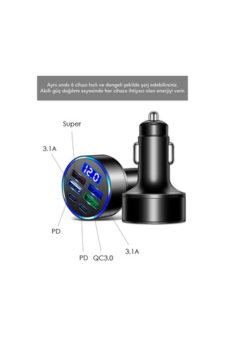 6 Çıkışlı Araç Şarj Aleti - 66w Araç İçi Çakmaklık Süper Hızlı Şarj Aleti Type-c Usb Çıkışlı