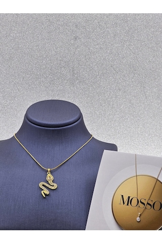 Yılan Model Gold Renk Zirkon Taşlı Çelik Kolye Altın