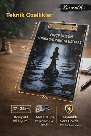 Önce Düşün Sonra Satrançta Ustalaş Sekreterlik 17x25 Cm A5 Uyumlu Metal Klipsli Dayanıklı