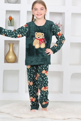 Kız Çocuk Welsoft Kumaş-göz Bantlı Ayıcık Baskılı Pijama Takımı 12293 Zümrüt Yeşili