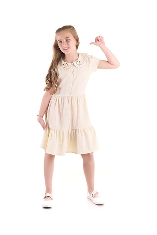 Ahengim Kız Çocuk Düğmeli Yaka Nakışlı Elbise Trend Pamuklu Pamuklu Ak2523 KREM