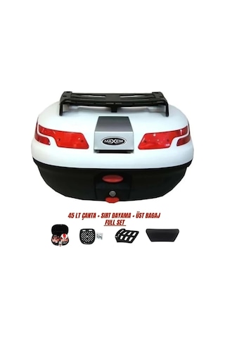 Motosiklet Arka Çanta 45 Litre Sırt Dayama Ve Üst Tabla Full Set Beyaz Beyaz