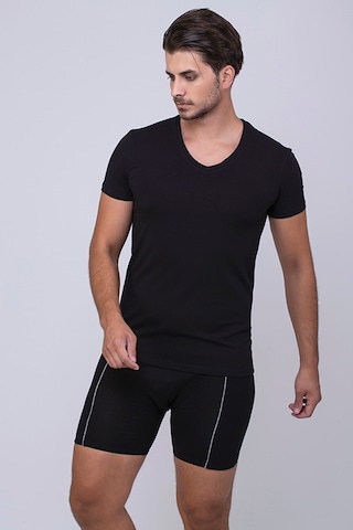 Çift Kaplan Erkek Elastanlı V Yaka T-shirt 0956 3'lü Siyah